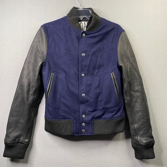 Oak NYC Double Front Varsity Jacket Womens XS Blue Wool Leather Sleeves Boxy - Picture 5 of 9
